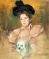 Woman in Raspberry Costume Holding a Dog impressionism mothers children Mary Cassatt